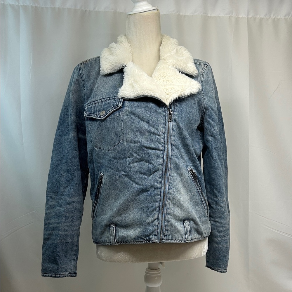 Lucky Brand Moto Faux Fur Light Blue Denim Jacket Size Medium